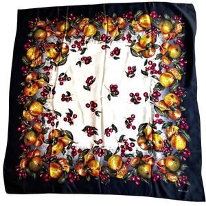 ECHO silk scarf designer square black cream red & gold fruit pears cherry design